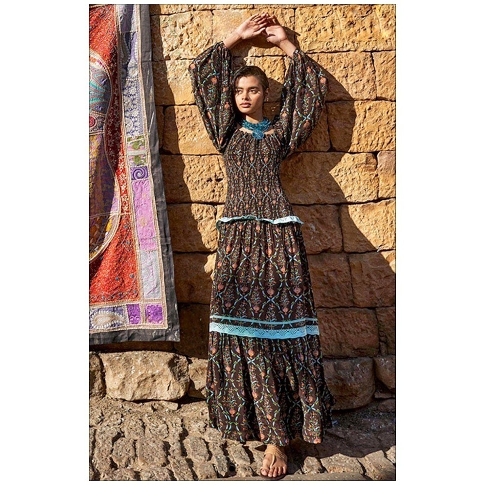 Nwt Verandah Smocked Tiered Brown Minaret Floral Maxi Dress